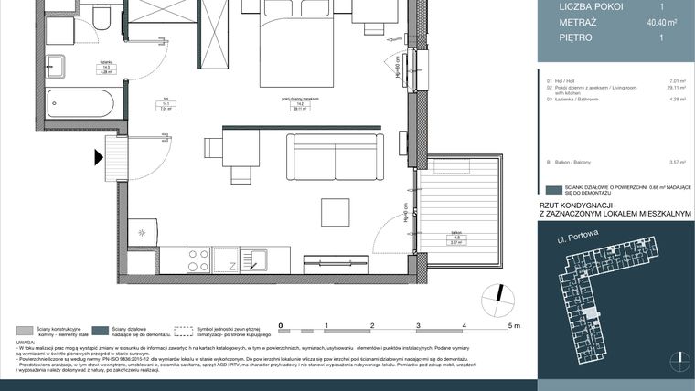 Rzut - Mieszkanie na sprzedaż 1 pokój o powierzchni 40,4 m² - numer 14 w Portowa Zabłocie