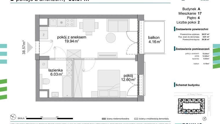 Rzut - Mieszkanie na sprzedaż 2 pokoje o powierzchni 38,57 m² - numer 17 w Osiedle Fokus Ursus