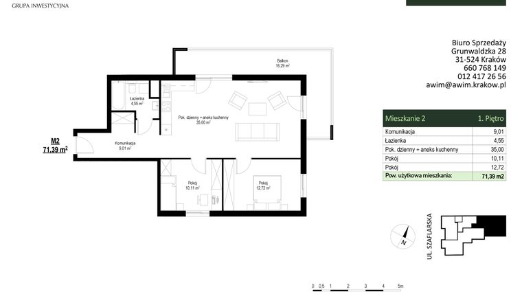 Rzut - Mieszkanie na sprzedaż 3 pokoje o powierzchni 71,39 m² - numer M2 w Szaflarska 9