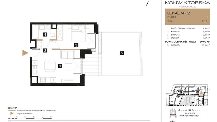 Rzut - Mieszkanie na sprzedaż 2 pokoje o powierzchni 39,9 m² - numer 02 w Konwiktorska Residence