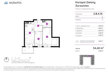 Rzut - Mieszkanie na sprzedaż 2 pokoje o powierzchni 54,29 m² - numer 2.B.4.16 w Murapol Zielony Żurawiniec