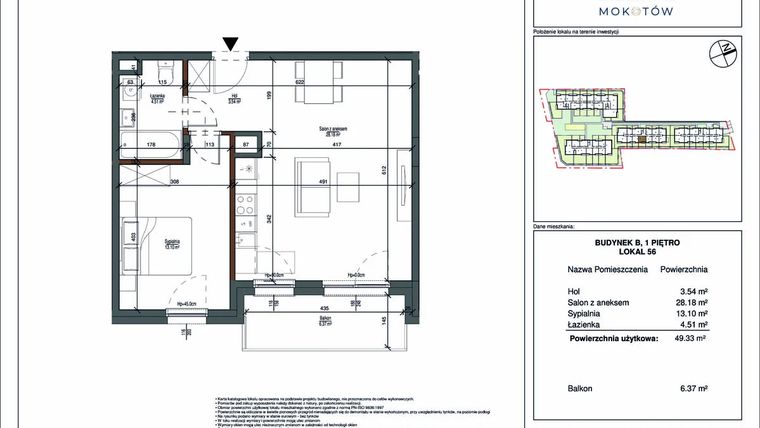 Rzut - Mieszkanie na sprzedaż 2 pokoje o powierzchni 49,33 m² - numer 56 w Aura Mokotów II