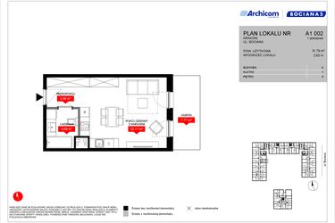 Rzut - Mieszkanie na sprzedaż 1 pokój o powierzchni 31,79 m² - numer A1 002 w Osiedle Bociana 5