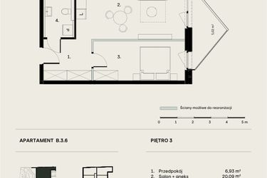 Rzut - Mieszkanie na sprzedaż 2 pokoje o powierzchni 46,12 m² - numer B/3/6 w Ogrodowa 12