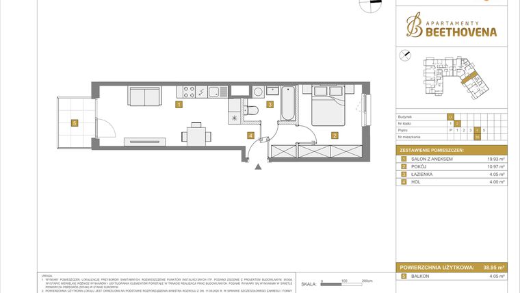 Rzut - Mieszkanie na sprzedaż 2 pokoje o powierzchni 38,95 m² - numer D35 w Apartamenty Beethovena etap 2