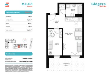 Rzut - Mieszkanie na sprzedaż 2 pokoje o powierzchni 40,63 m² - numer M II.0.1 w Glogera Bricks