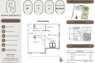 Rzut - Mieszkanie na sprzedaż 3 pokoje o powierzchni 63,74 m² - numer B1.2_4 w Perła Północy etap 2