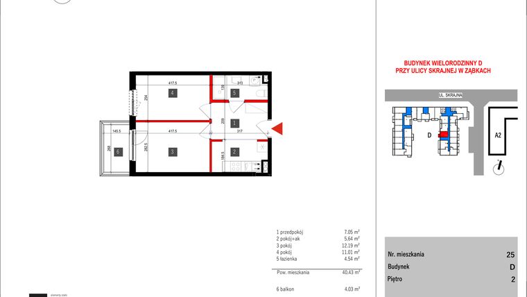 Rzut - Mieszkanie na sprzedaż 2 pokoje o powierzchni 40,43 m² - numer D.25 w Skrajna 9 bud. D