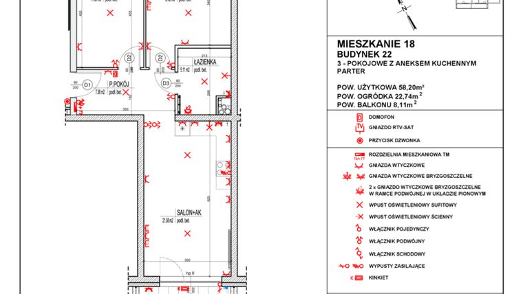Rzut - Mieszkanie na sprzedaż 3 pokoje o powierzchni 58,2 m² - numer 22_18 w Osiedle 4 Pory Roku - Etap VIII
