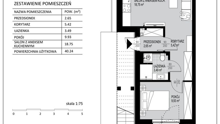 Rzut - Mieszkanie na sprzedaż 2 pokoje o powierzchni 40,24 m² - numer D1 w Kowalove etap 2
