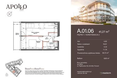 Rzut - Mieszkanie na sprzedaż 2 pokoje o powierzchni 39,72 m² - numer A.1.06 w Apollo Residence