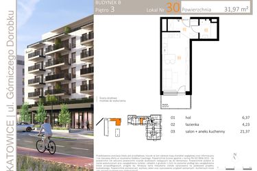 Rzut - Mieszkanie na sprzedaż 1 pokój o powierzchni 31,97 m² - numer B_30 w Zielony Nikiszowiec