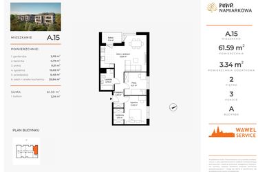 Rzut - Mieszkanie na sprzedaż 3 pokoje o powierzchni 61,59 m² - numer A.15 w Nowa Namiarkowa