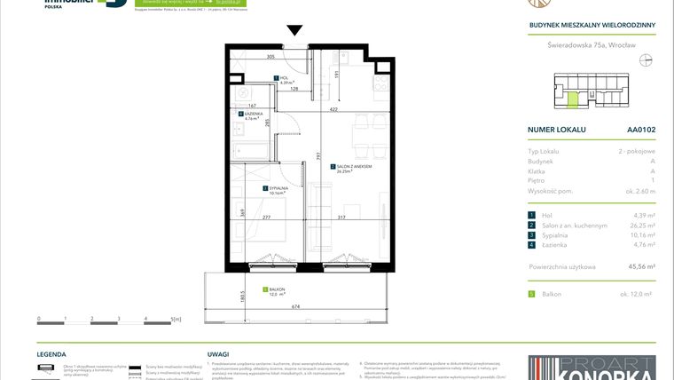 Rzut - Mieszkanie na sprzedaż 2 pokoje o powierzchni 45,56 m² - numer AA0102 w Vivre