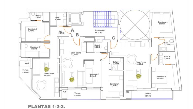 Rzut - Mieszkanie na sprzedaż 2 pokoje o powierzchni 61,87 m² - numer 3A w Royal Star Guardamar del Segura, RD-35159