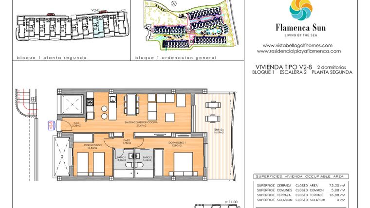 Rzut - Mieszkanie na sprzedaż 2 pokoje o powierzchni 73 m² - numer 1.28 w Flamenca Sun - Playa Flamenca
