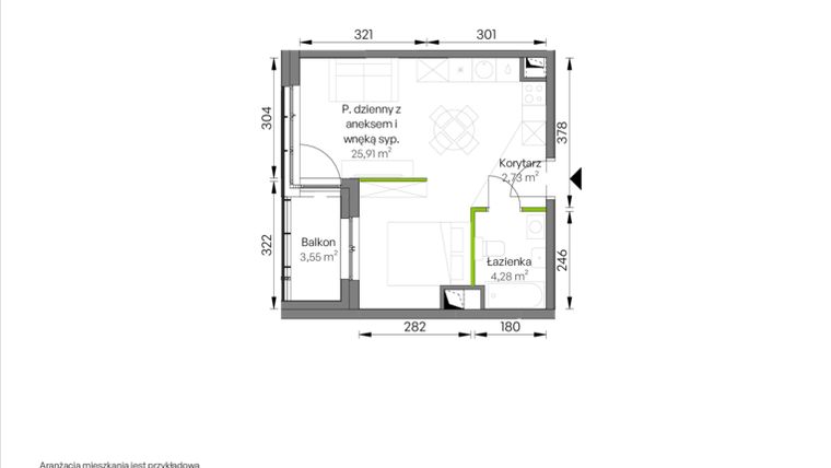 Rzut - Mieszkanie na sprzedaż 1 pokój o powierzchni 32,92 m² - numer A1/02/32 w WUWA Vita