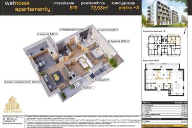 Rzut - Mieszkanie na sprzedaż 3 pokoje o powierzchni 70,97 m² - numer B19 w Osiedle Wełnowe Apartamenty