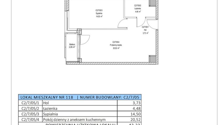 Rzut - Mieszkanie na sprzedaż 2 pokoje o powierzchni 43,23 m² - numer C2/7/05 w Chylońska STO10 etap III