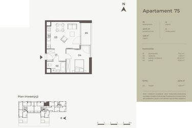 Rzut - Mieszkanie na sprzedaż 2 pokoje o powierzchni 43,74 m² - numer 75 w Monument