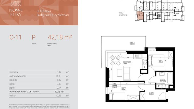 Rzut - Mieszkanie na sprzedaż 3 pokoje o powierzchni 42,18 m² - numer M11_NF.c w Nowe Flisy II