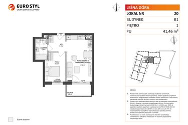 Rzut - Mieszkanie na sprzedaż 2 pokoje o powierzchni 41,46 m² - numer 20 w Leśna Góra