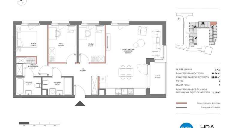 Rzut - Mieszkanie na sprzedaż 4 pokoje o powierzchni 89,14 m² - numer G.4.2 w Łopuszańska 47 - etap 2
