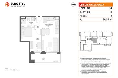 Rzut - Mieszkanie na sprzedaż 2 pokoje o powierzchni 36,34 m² - numer B34 w Osiedle Orzechowa