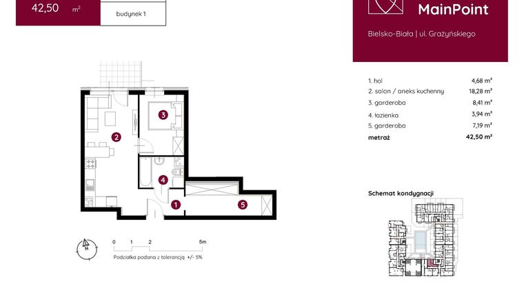 Rzut - Mieszkanie na sprzedaż 1 pokój o powierzchni 42,5 m² - numer 1.B.0.07 w Murapol MainPoint