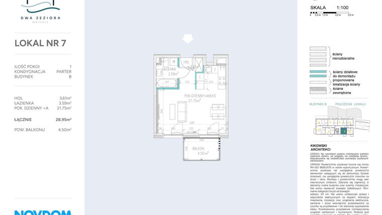 Rzut - Mieszkanie na sprzedaż 1 pokój o powierzchni 28,95 m² - numer B.7 w Dwa Jeziora