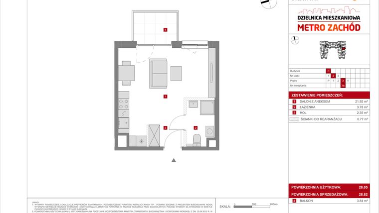 Rzut - Mieszkanie na sprzedaż 1 pokój o powierzchni 28,82 m² - numer C.76 w Dzielnica Mieszkaniowa Metro Zachód - etap 8.1