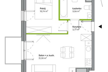 Rzut - Mieszkanie na sprzedaż 2 pokoje o powierzchni 40,37 m² - numer B.04.01.02 w WUWA Vita