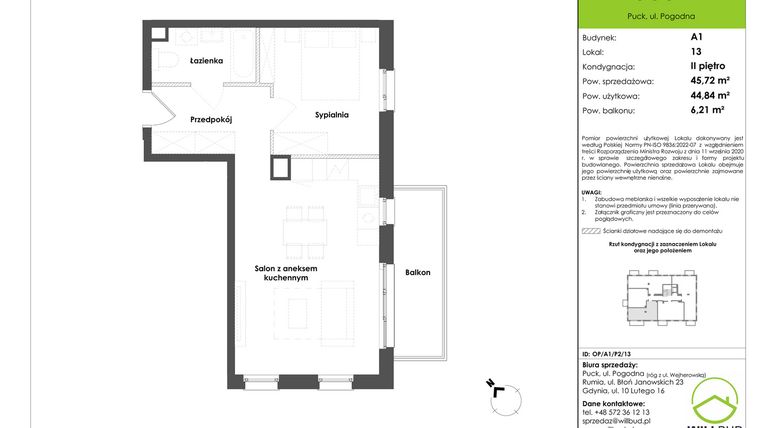 Rzut - Mieszkanie na sprzedaż 2 pokoje o powierzchni 44,84 m² - numer OP/A1/P2/13 w Osiedle Pogodne etap I