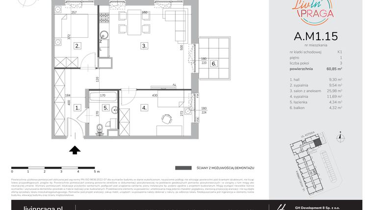 Rzut - Mieszkanie na sprzedaż 3 pokoje o powierzchni 60,85 m² - numer A.M1.15 w Livin' Praga