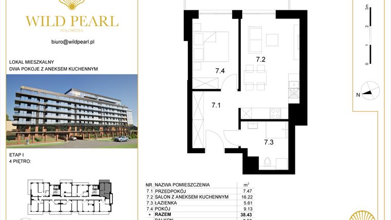 Rzut - Mieszkanie na sprzedaż 2 pokoje o powierzchni 38,43 m² - numer 4.7 w Wild Pearl