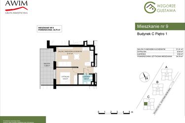 Rzut - Mieszkanie na sprzedaż 2 pokoje o powierzchni 34,79 m² - numer C9 w Wzgórze Gustawa