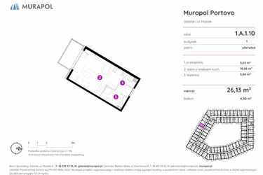 Rzut - Mieszkanie na sprzedaż 1 pokój o powierzchni 26,13 m² - numer 1.A.1.10 w Murapol Portovo etap II