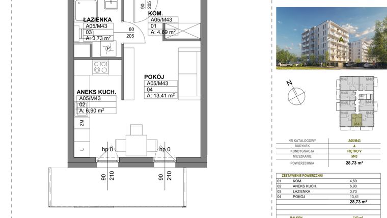 Rzut - Mieszkanie na sprzedaż 1 pokój o powierzchni 28,73 m² - numer A00_M43 w Wierzbowy Park