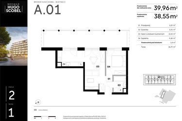 Rzut - Mieszkanie na sprzedaż 2 pokoje o powierzchni 39,96 m² - numer A.01 w Browar HUGO SCOBEL