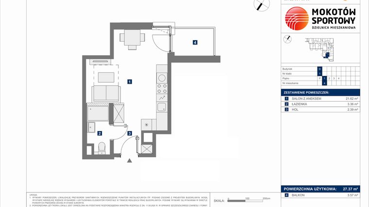 Rzut - Mieszkanie na sprzedaż 1 pokój o powierzchni 27,37 m² - numer D.4 w Mokotów Sportowy 1.1B