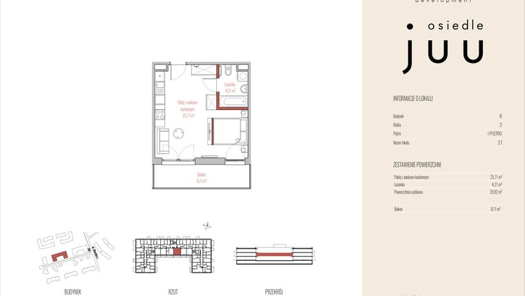Rzut - Mieszkanie na sprzedaż 1 pokój o powierzchni 29,92 m² - numer B.M027 w Osiedle Juu