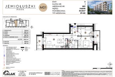 Rzut - Mieszkanie na sprzedaż 3 pokoje o powierzchni 55,52 m² - numer A2_M01 w Jemiołuszki Park etap 2