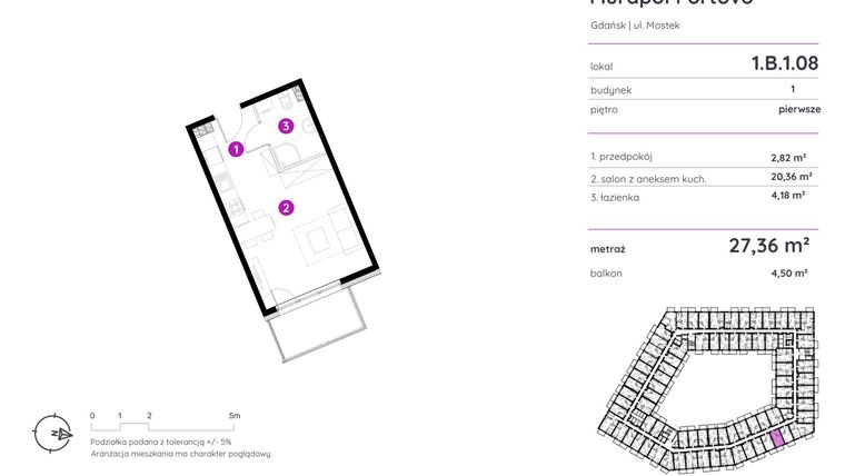 Rzut - Mieszkanie na sprzedaż 1 pokój o powierzchni 27,36 m² - numer 1.B.1.08 w Murapol Portovo etap II