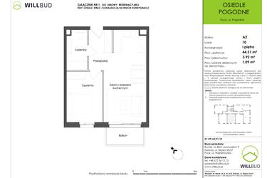 Rzut - Mieszkanie na sprzedaż 2 pokoje o powierzchni 44,31 m² - numer OP/A2/P1/10 w Osiedle Pogodne etap I