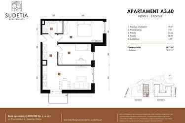Rzut - Mieszkanie na sprzedaż 3 pokoje o powierzchni 56,79 m² - numer A 3.60 w Apartamenty Sudetia