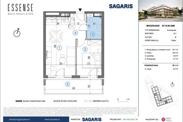 Rzut - Mieszkanie na sprzedaż 2 pokoje o powierzchni 38,1 m² - numer B1.B.00.08M w ESSENSE Baltic Resort&SPA 2