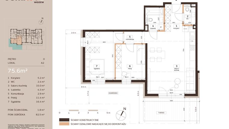 Rzut - Mieszkanie na sprzedaż 3 pokoje o powierzchni 75,6 m² - numer A2 w Domkove Widzew