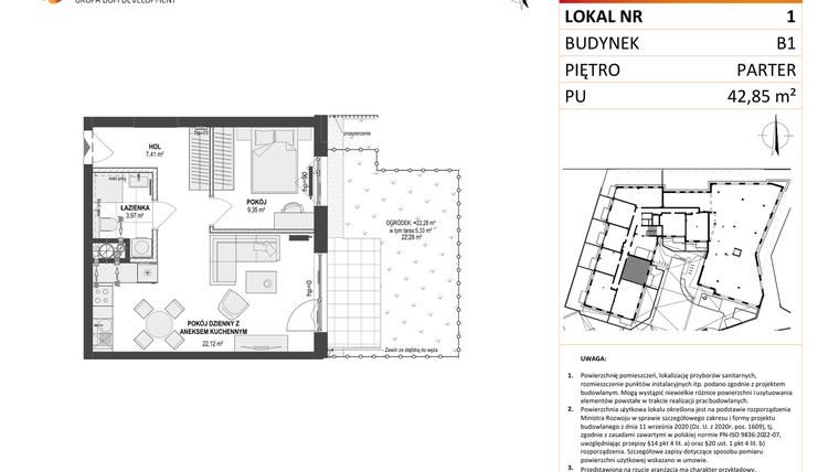 Rzut - Mieszkanie na sprzedaż 2 pokoje o powierzchni 42,85 m² - numer 1 w Leśna Góra