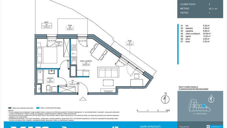 Rzut - Mieszkanie na sprzedaż 2 pokoje o powierzchni 43,11 m² - numer A.1.1 w Rakoczego 17