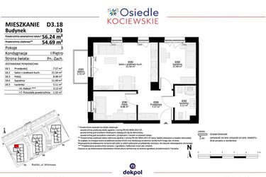 Rzut - Mieszkanie na sprzedaż 3 pokoje o powierzchni 54,69 m² - numer D3.18 w Osiedle Kociewskie etap IV